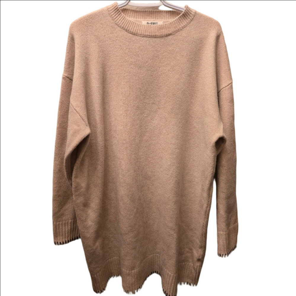 4th + Reckless Beige Oversized Knit Sweater | Contrast Stitch Hem | Size L
